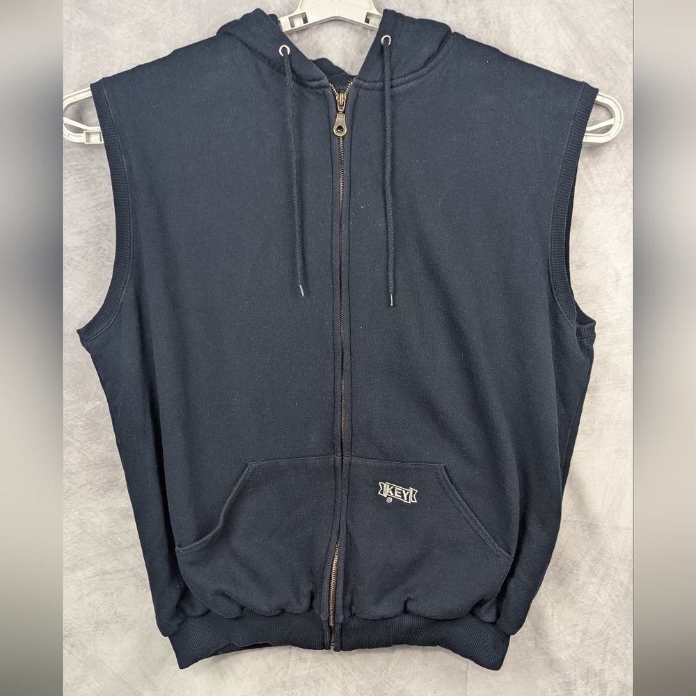 Key Size 2XL Vintage Thermal Insulated Navy Zippered Vest With Hood